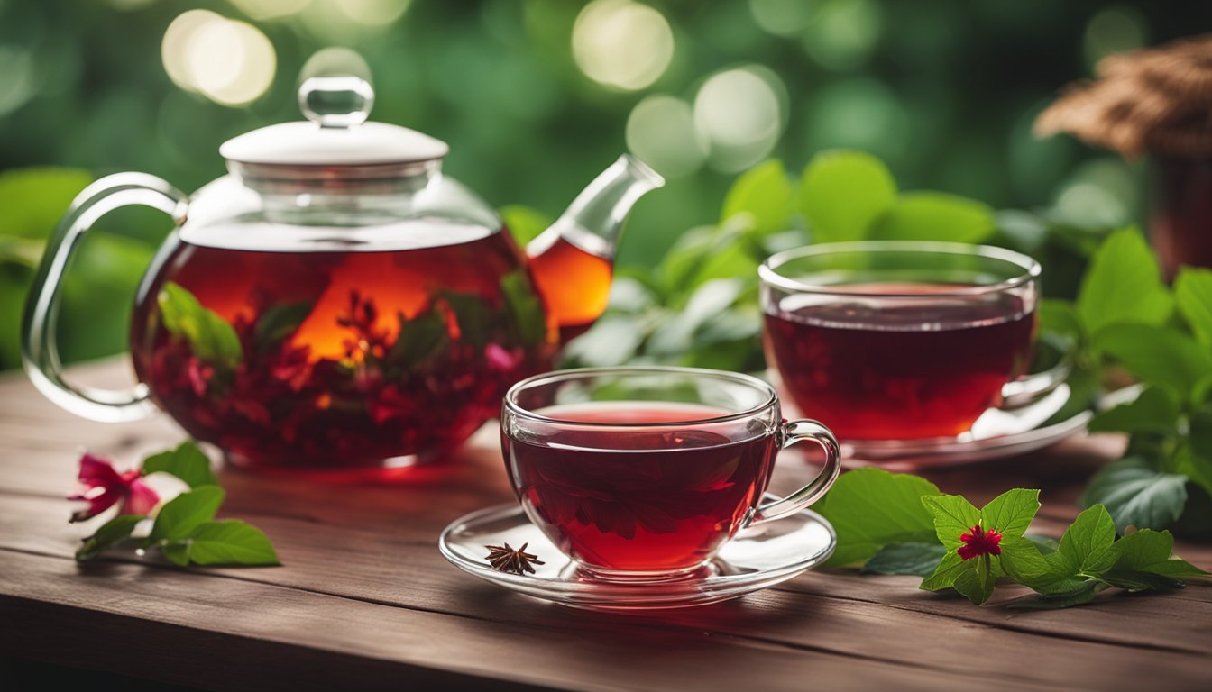 A glass teapot and cup of hibiscus tea sit on a wooden table, surrounded by dried hibiscus flowers and fresh green leaves