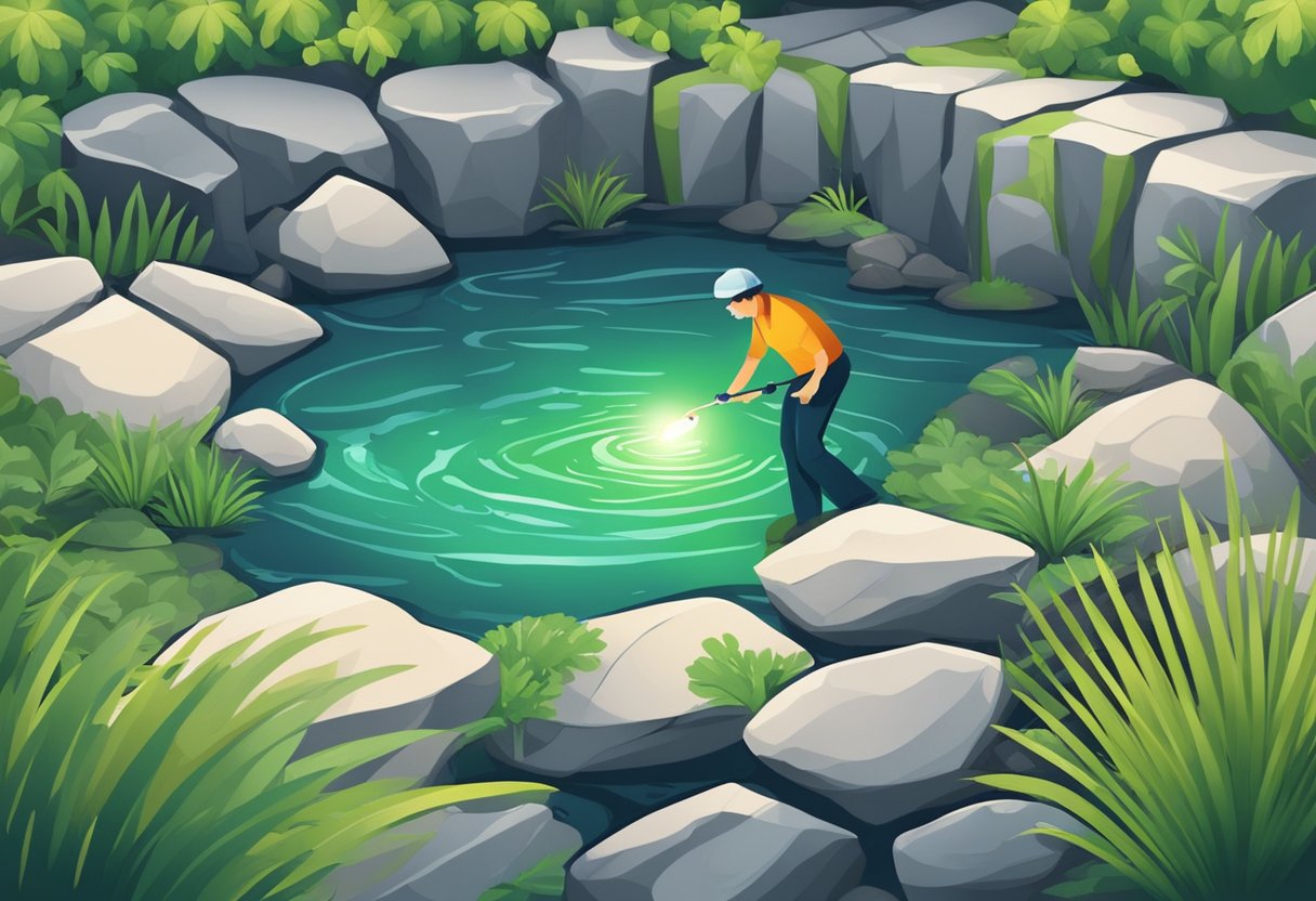 A pond with a liner, water seeping out, surrounded by rocks and vegetation. A person inspecting the liner with a flashlight