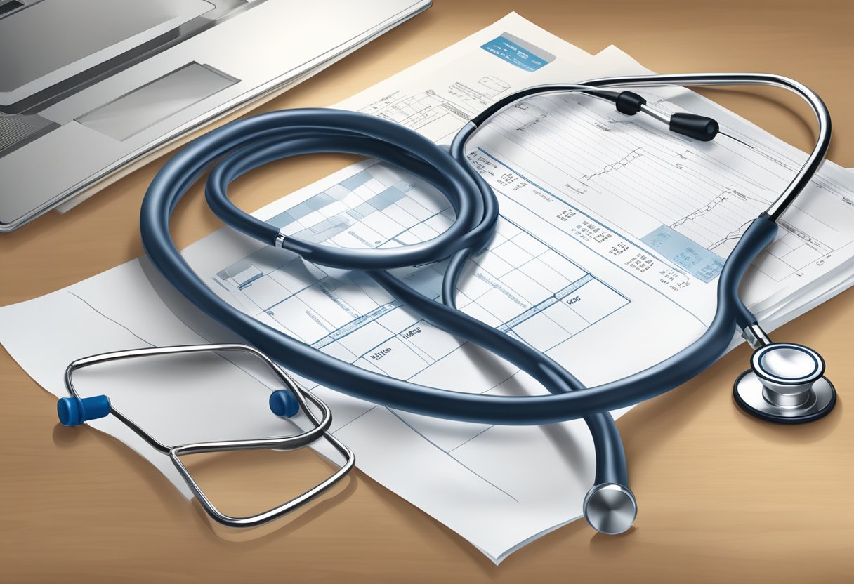 A stethoscope, prescription pad, and medical chart on a desk in a doctor's office