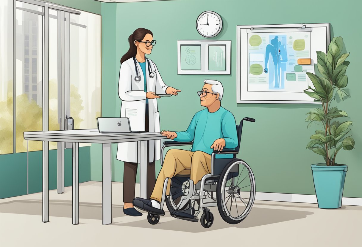 A wheelchair-accessible clinic with a doctor and patient discussing medical conditions