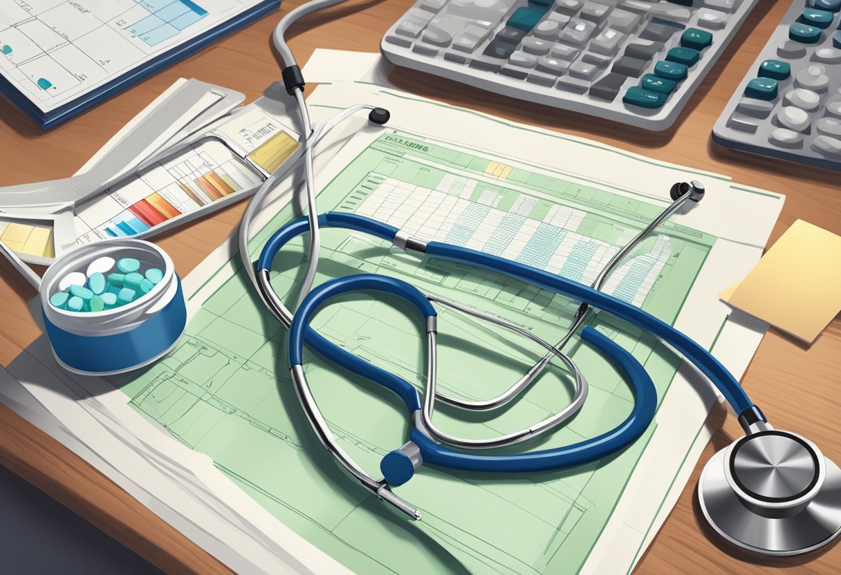 A stethoscope, pill bottles, and medical charts arranged on a desk in a doctor's office