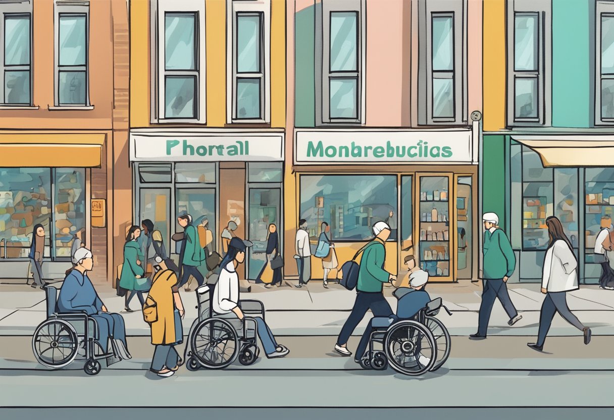 A person using a wheelchair navigates through a busy Montreal street, passing by a pharmacy and a medical clinic. Other people are seen going about their daily activities