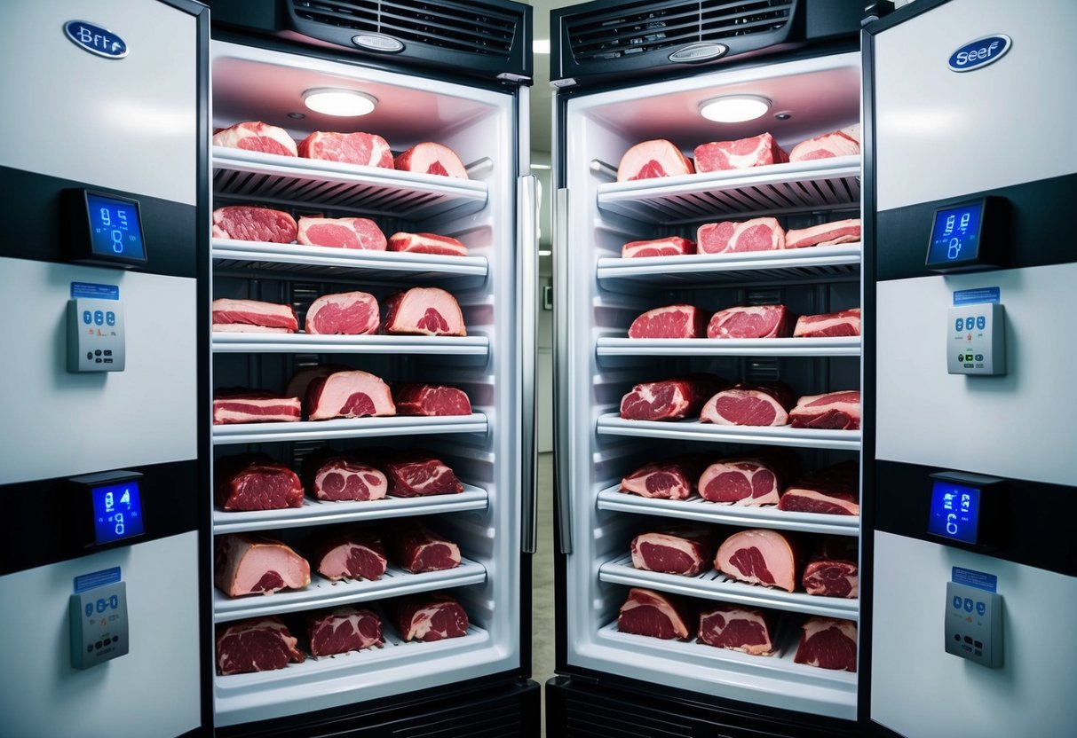 A spacious freezer with neatly organized shelves filled with various cuts of beef, including half a cow, surrounded by temperature control panels