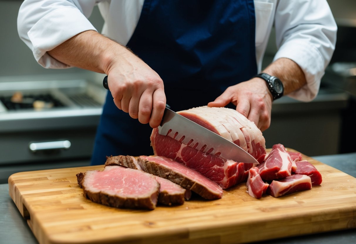 A butcher slicing a side of beef into various cuts on a wooden cutting board