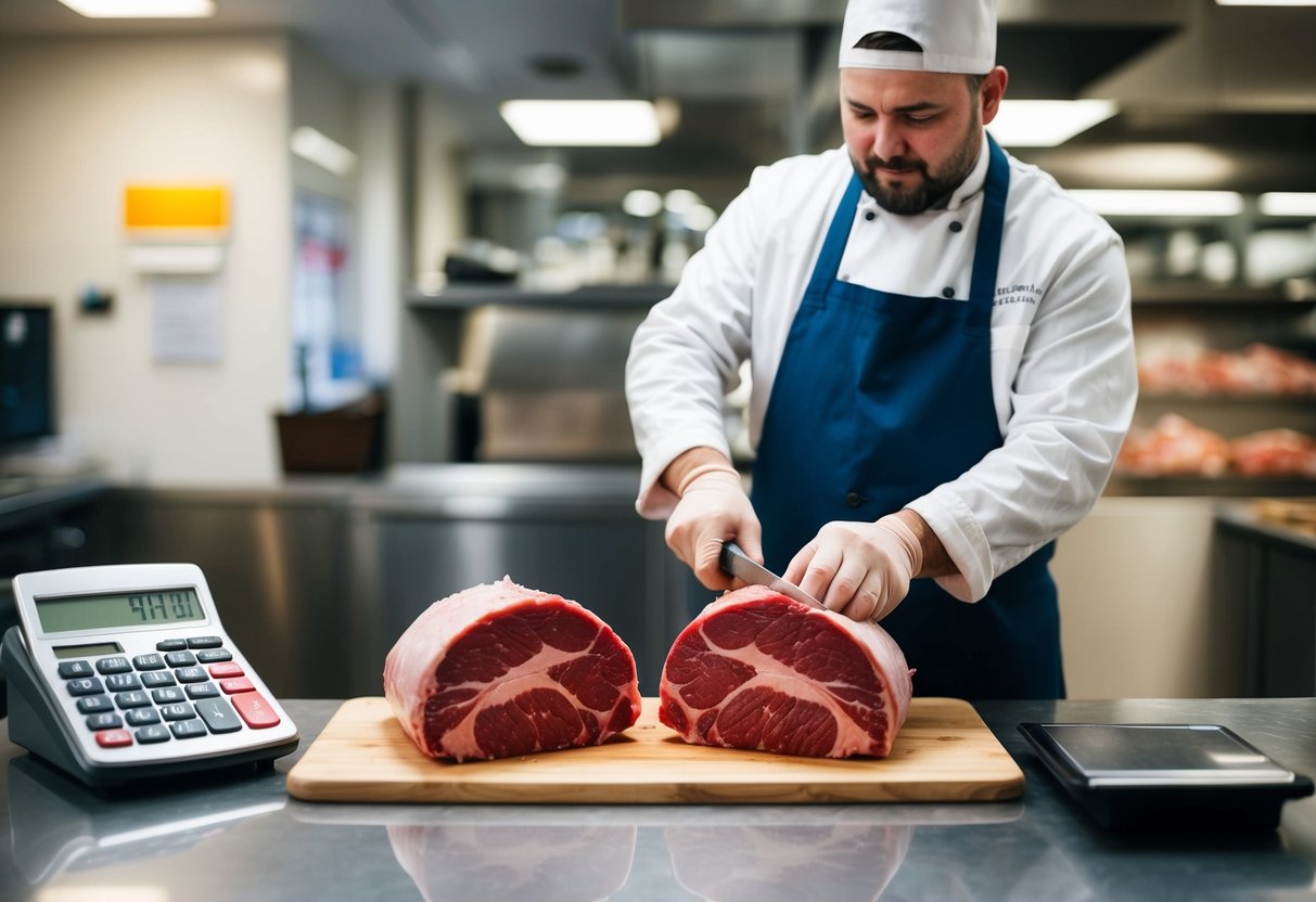 A butcher cutting a side of beef into halves with a scale and calculator nearby for pricing