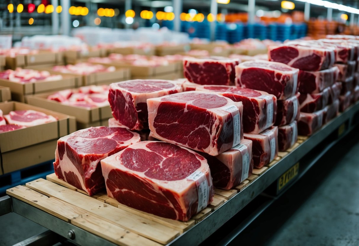 A large scale of beef cuts being packaged and transported for bulk purchase