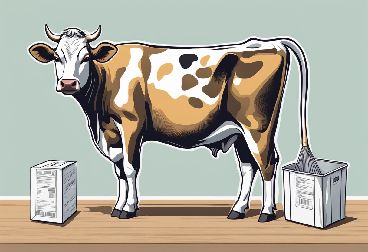 A cow being divided into halves, with one half being packaged and labeled for online purchase