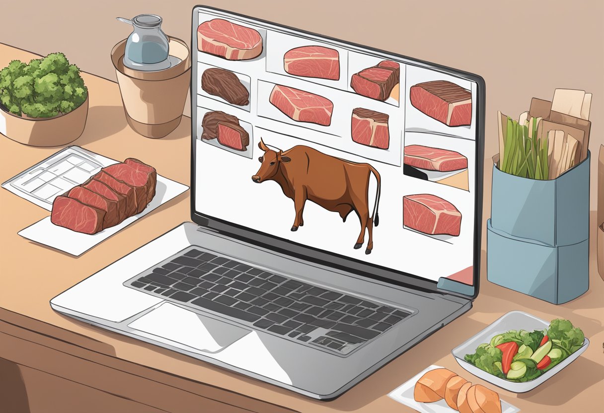 A person on a laptop selects cuts of beef. A diagram of a cow is divided into sections for ordering