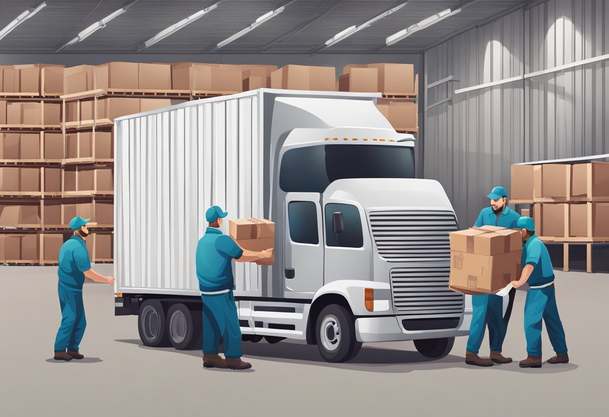 A delivery truck unloading boxes of frozen meat at a warehouse, with workers organizing and stacking the packages