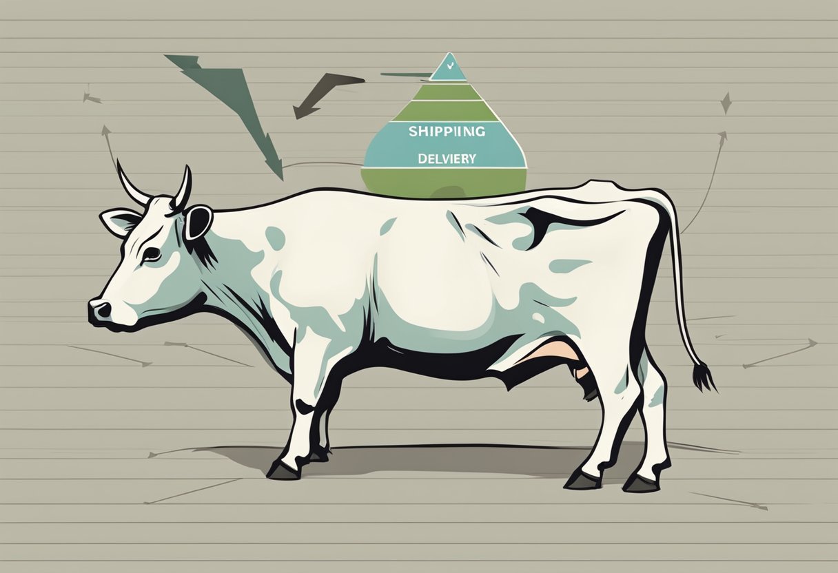 A cow split in half, one side labeled "Delivery" and the other "Shipping", with arrows pointing to each half