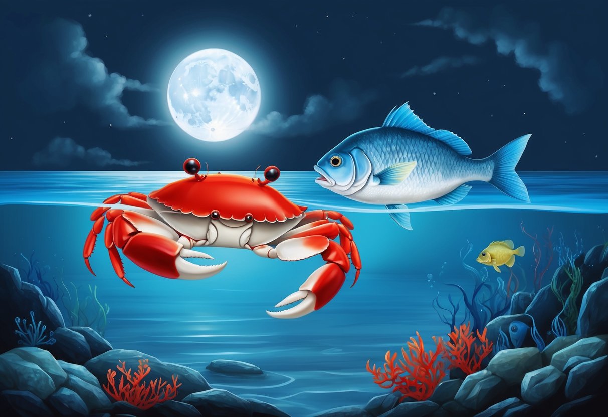 A crab and a fish swimming peacefully in a tranquil, moonlit ocean