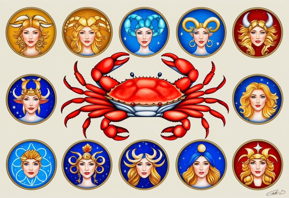 A crab surrounded by twelve different zodiac symbols, each with a unique expression