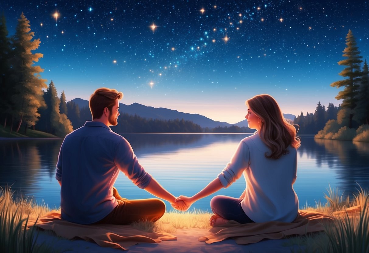 A couple sitting by a peaceful lake, holding hands and gazing at the stars