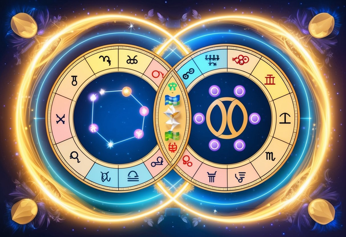 Two intertwining astrological charts with cancer symbols, surrounded by celestial elements and glowing energy, representing the impact of personal charts on compatibility