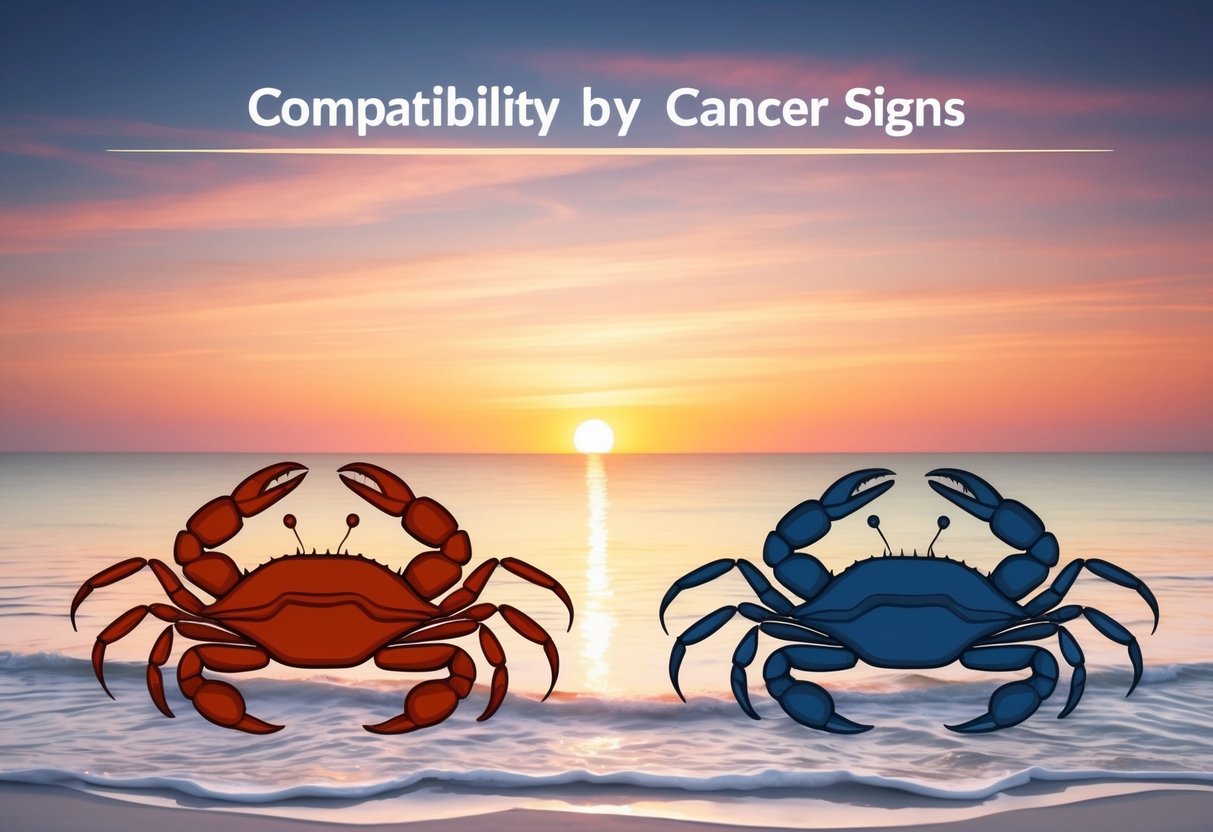 A serene beach at sunset, with two crabs side by side, symbolizing the compatibility between Cancer signs