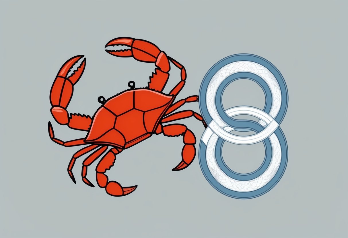 A crab and a pair of intertwined zodiac symbols representing Cancer compatibility