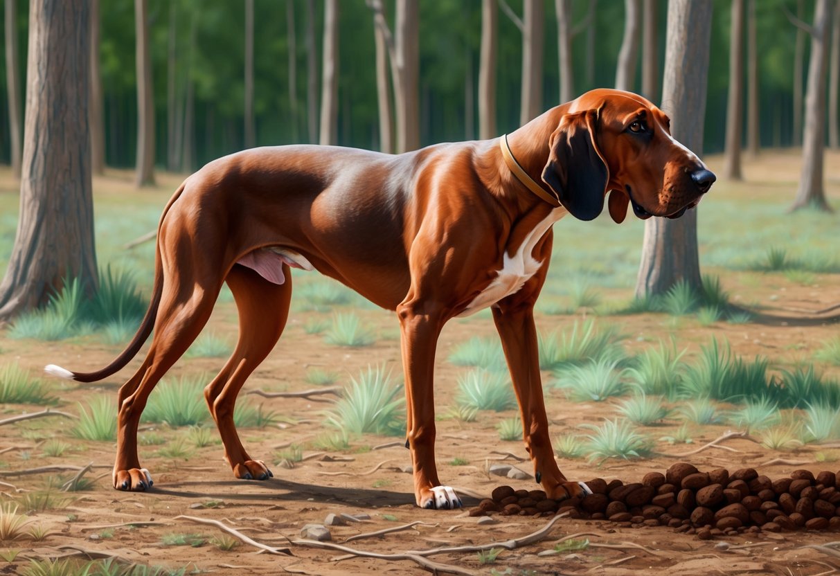 A bloodhound dog sniffing the ground in a forest clearing