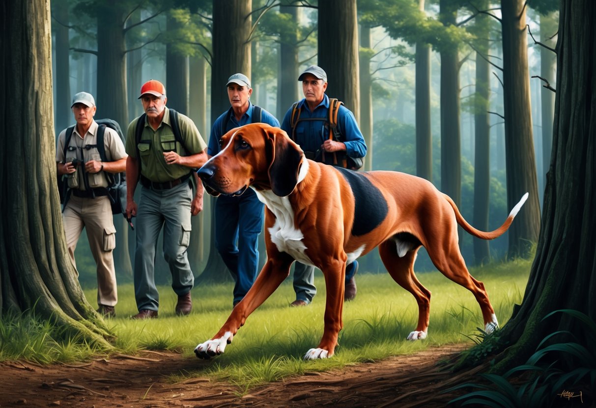 A bloodhound dog leading a group of searchers through a dense forest, nose to the ground, ears alert