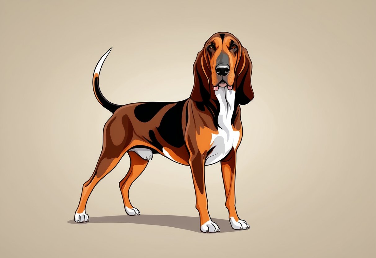 A Bloodhound dog stands alert, ears perked and tail wagging, with a curious and friendly expression on its face