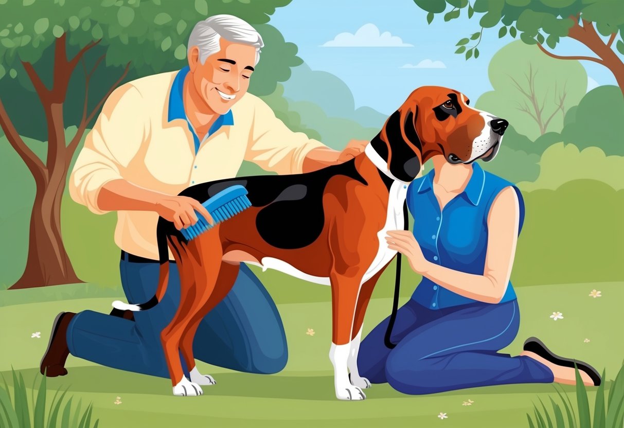 A Bloodhound dog being groomed and brushed by a caring owner in a peaceful outdoor setting