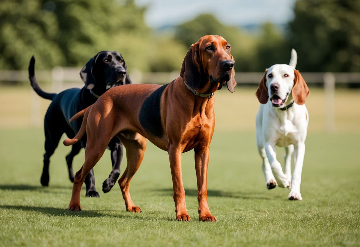 A Bloodhound dog participating in training and socialization activities with other dogs in a spacious outdoor setting