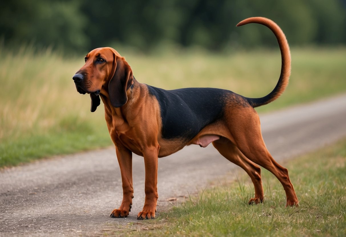 A bloodhound dog sniffs the ground, tail raised, ears alert