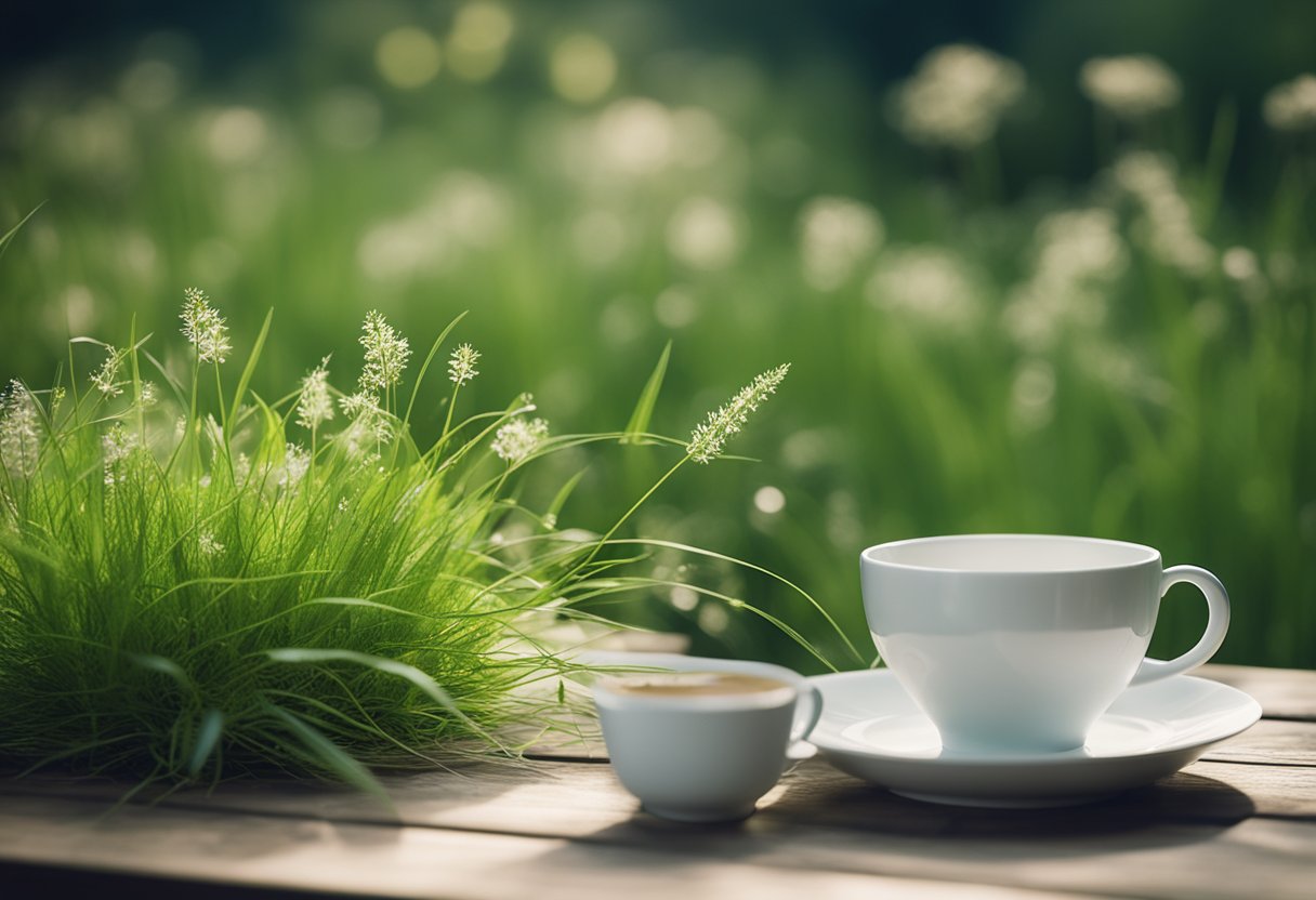 A serene meadow with wild goose grass growing amongst other plants, with a teacup and saucer placed on a wooden table