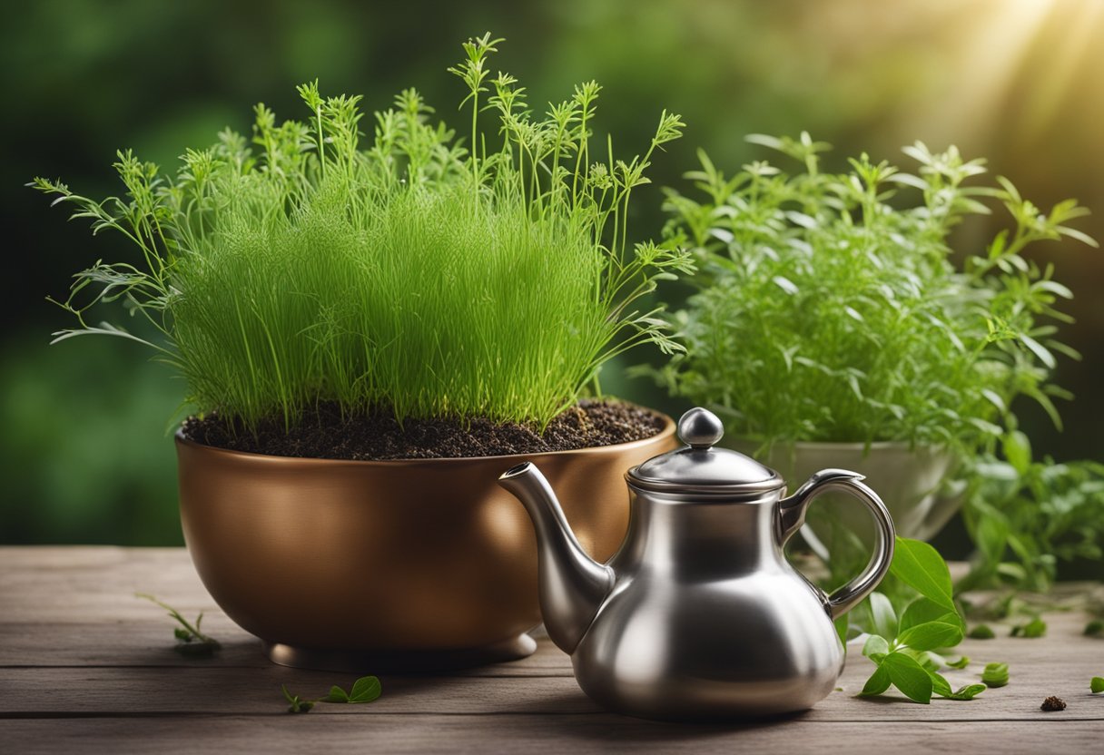 Goose grass plant with roots, leaves, and flowers in a teapot, surrounded by a variety of herbs and spices