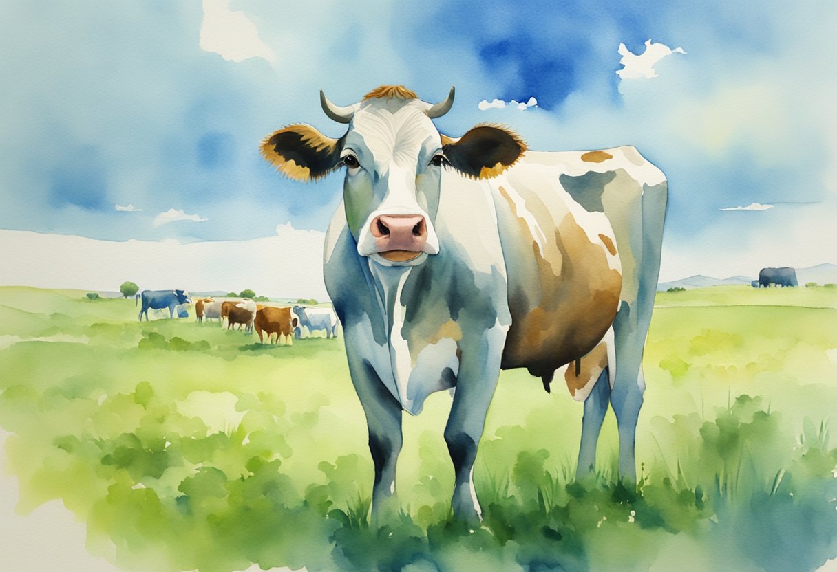 A cow standing in a green pasture, surrounded by other cows and under a bright blue sky