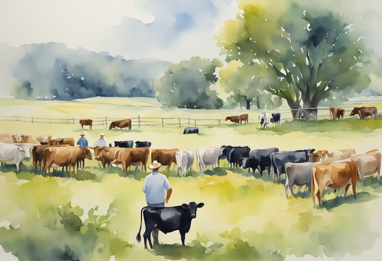 A pasture filled with various breeds of cows, standing or grazing, with a farmer or buyer inspecting them and discussing prices