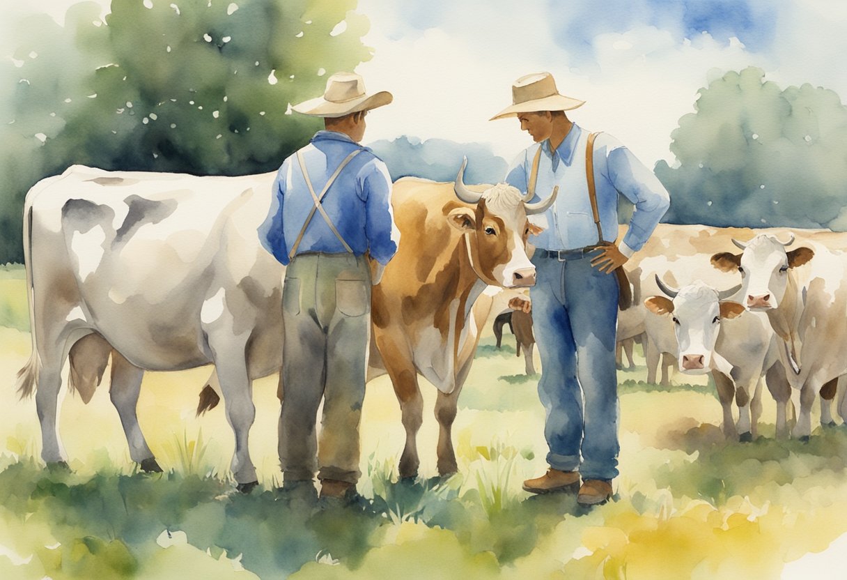 A farmer and a customer stand beside a cow in a field, surrounded by other cattle. The customer is pointing to the cow while the farmer holds a clipboard and pen