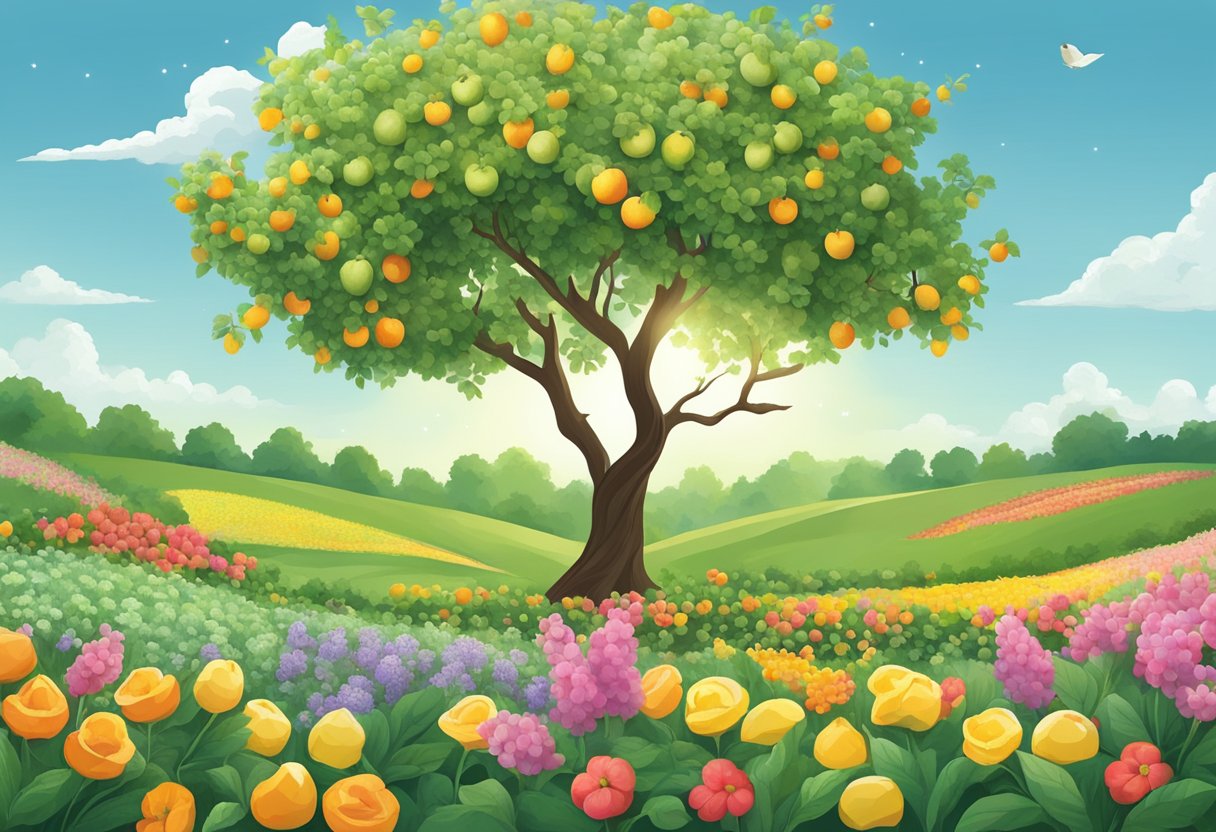 A young tree growing in a fertile field, surrounded by blooming flowers and bountiful fruit, symbolizing the long-term benefits of opening an RDSP early