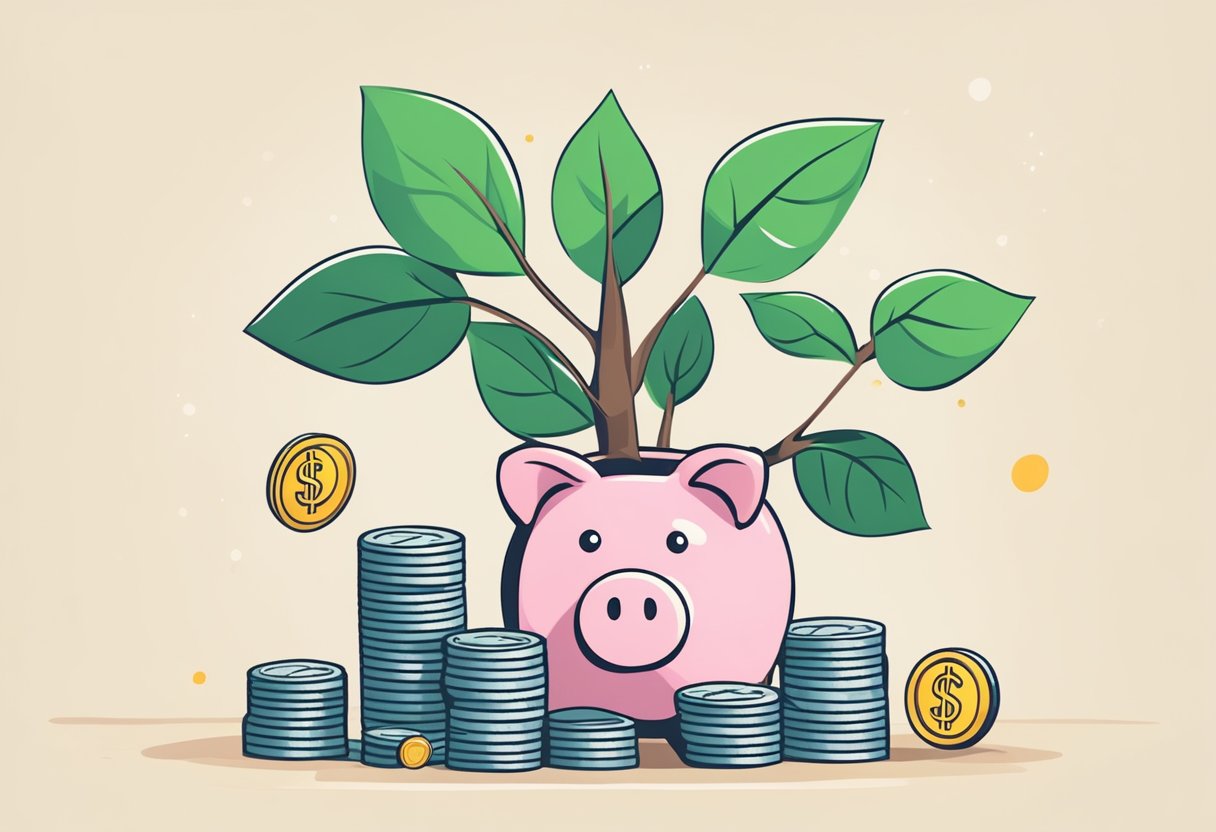 A young tree growing from a small pot, surrounded by coins and a piggy bank. A chart showing the growth of savings over time