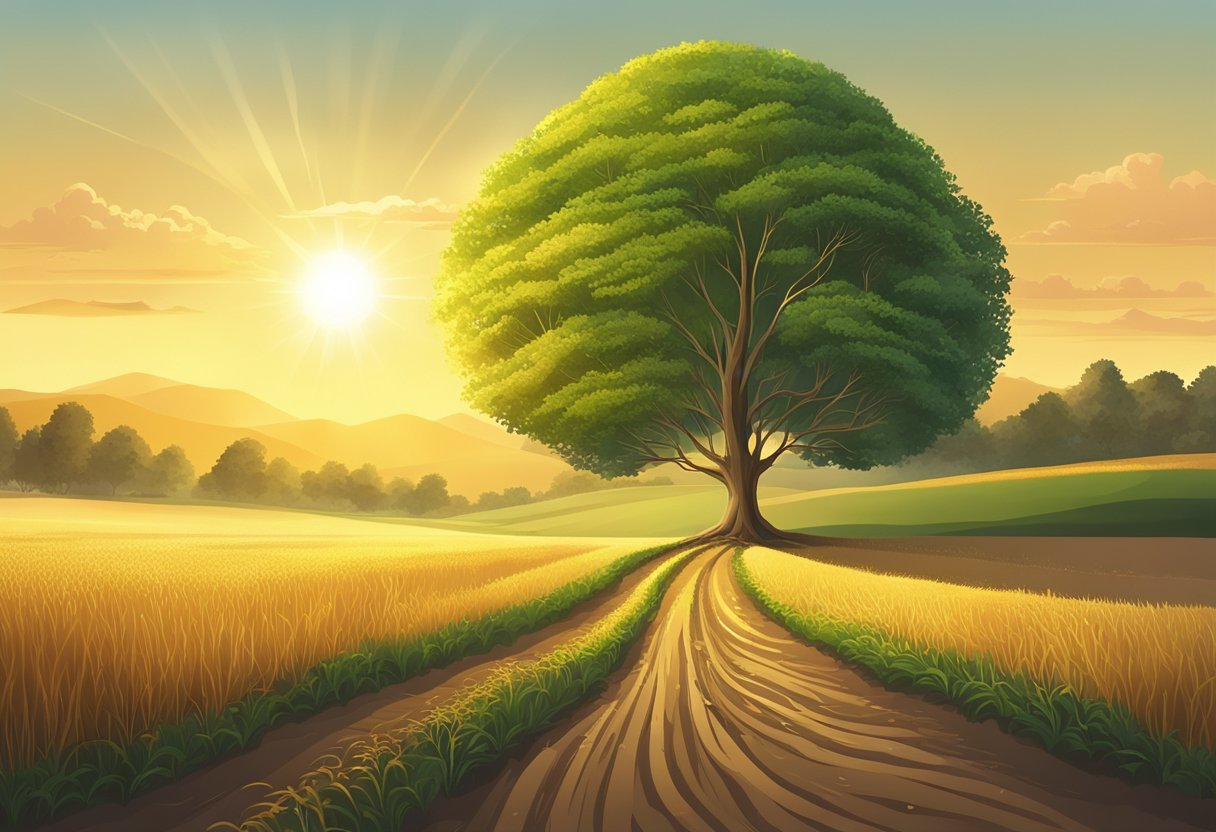 A young tree growing in a fertile field, with a golden sun rising in the background and a clear path leading towards it