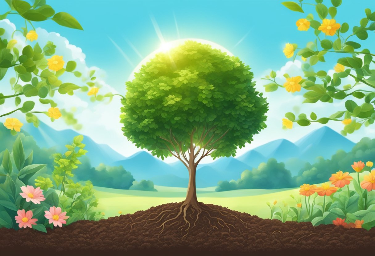 A young tree growing in a fertile soil, surrounded by various plants and flowers, under a clear blue sky with the sun shining brightly