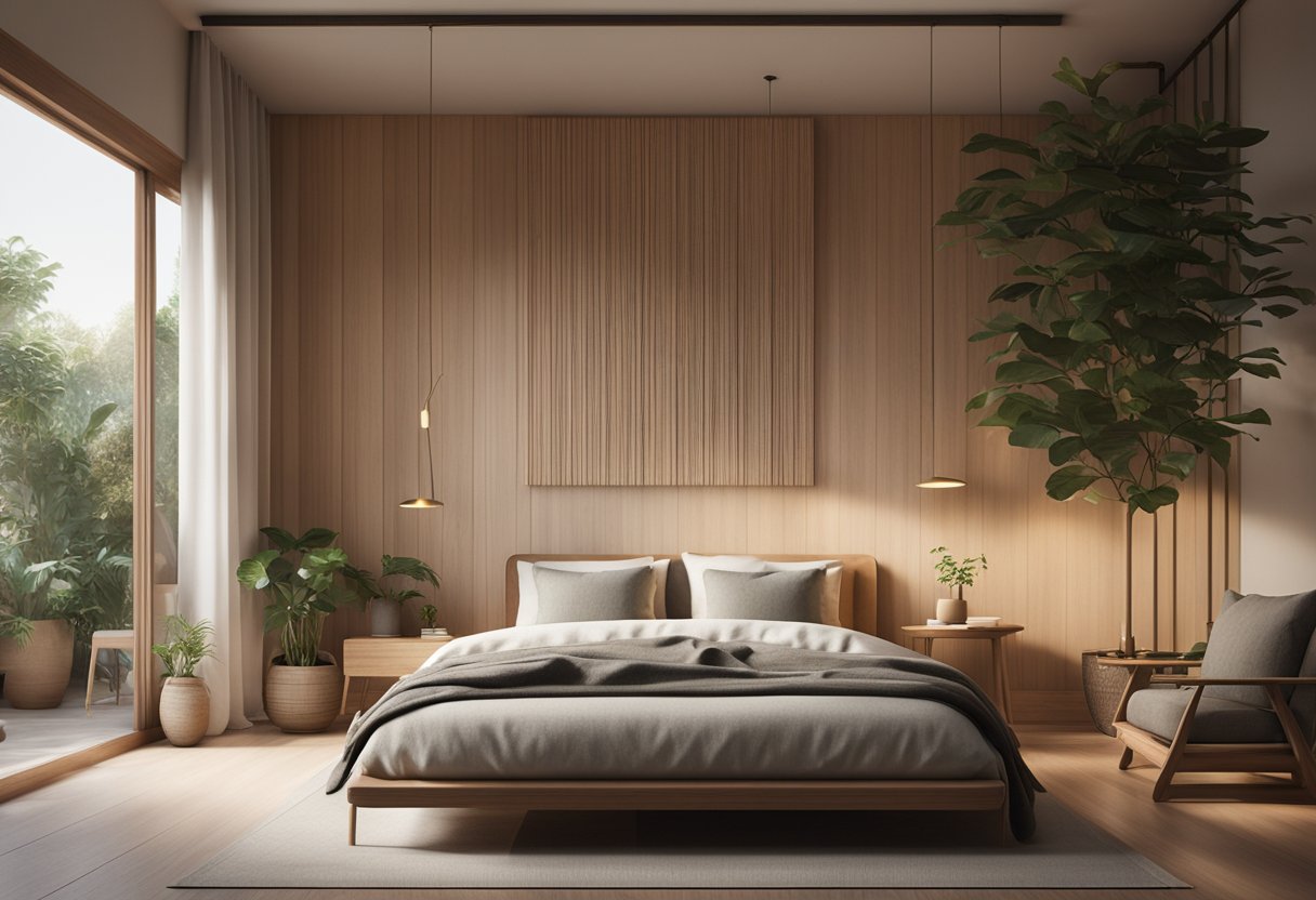 A serene bedroom with minimal decor, a cozy meditation corner, soft lighting, and natural elements like plants and wooden furniture