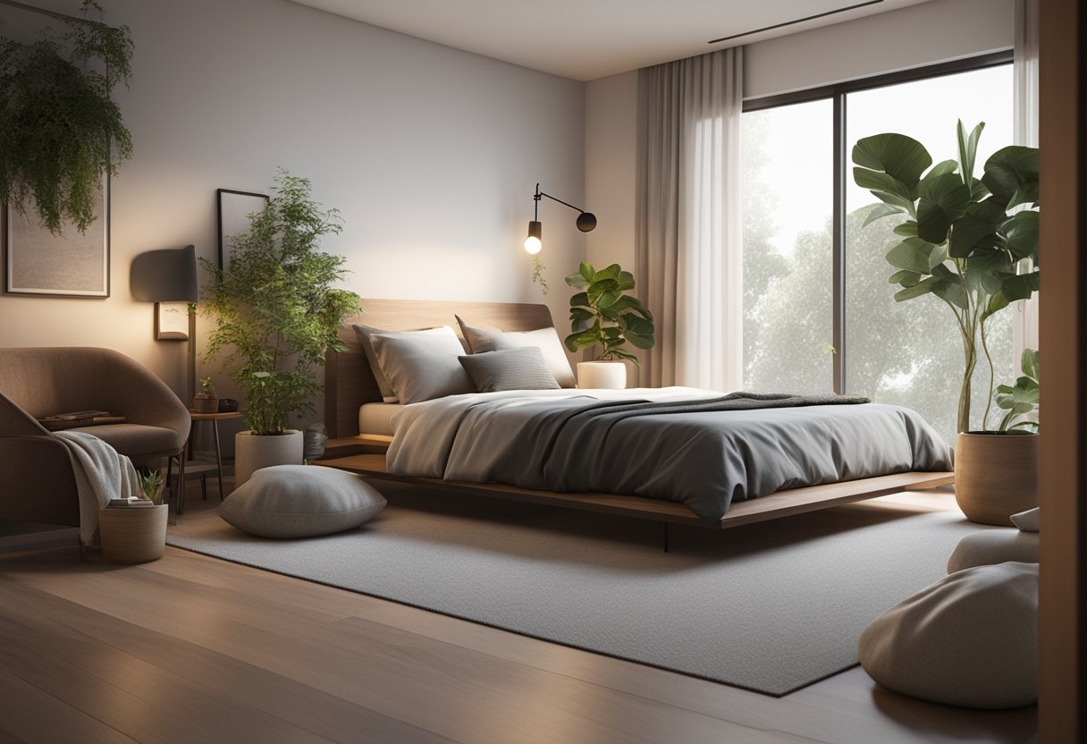 A small bedroom with minimal furniture, soft lighting, and natural elements like plants and rocks to create a serene and tranquil atmosphere  zen small bedroom ideas