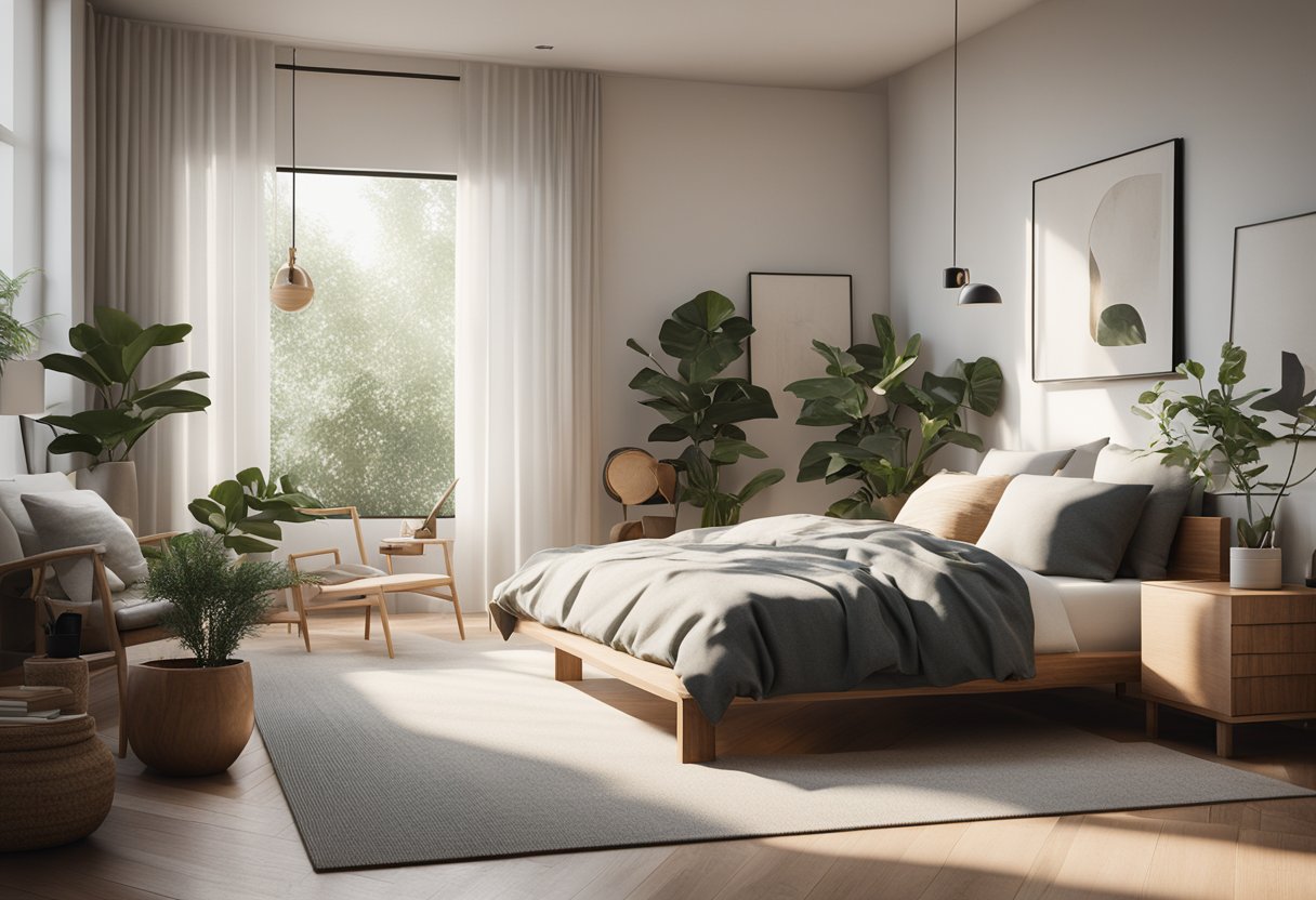 A serene, clutter-free bedroom with minimal furniture, soft lighting, and natural elements like plants and wood accents  zen small bedroom ideas