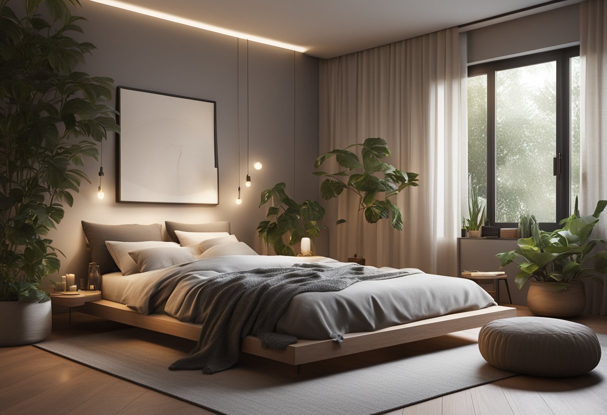 A cozy bedroom with minimal decor, a low platform bed, soft lighting, and a small meditation corner with floor cushions and potted plants  zen small bedroom ideas