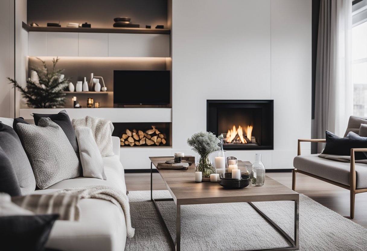 A cozy living room with modern winter decor: a sleek fireplace, metallic ornaments, and minimalist white and silver accents