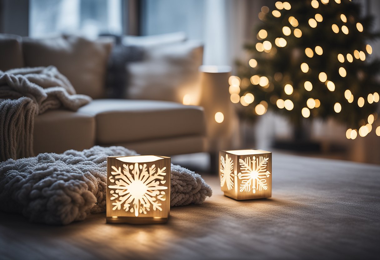 A cozy living room with modern, sustainable winter decor: LED-lit holographic snowflakes, biodegradable faux fur throws, and minimalist wooden ornaments