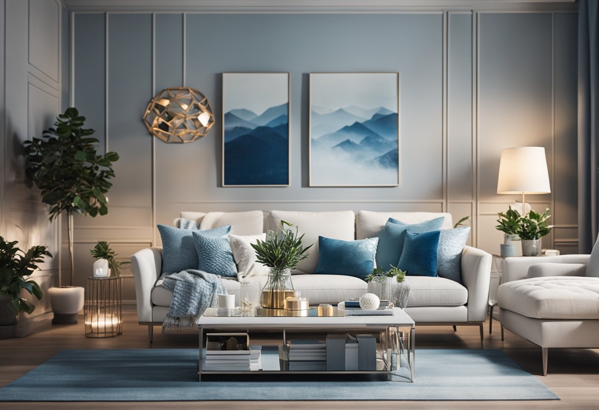 A cozy living room with soft, warm lighting, featuring a color scheme of cool blues and whites, accented with metallic silver and shimmering textures