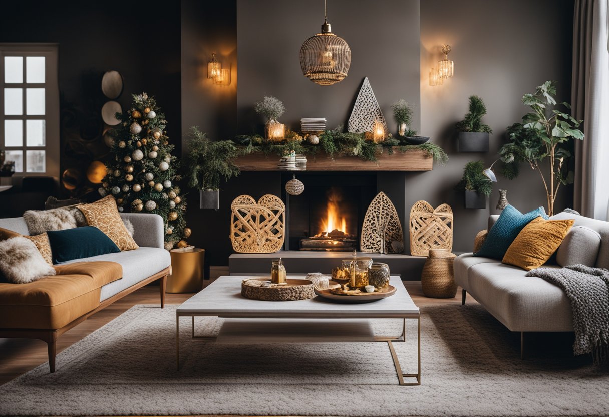 A cozy living room with modern winter decor featuring cultural influences from around the world, including vibrant colors, intricate patterns, and traditional ornaments