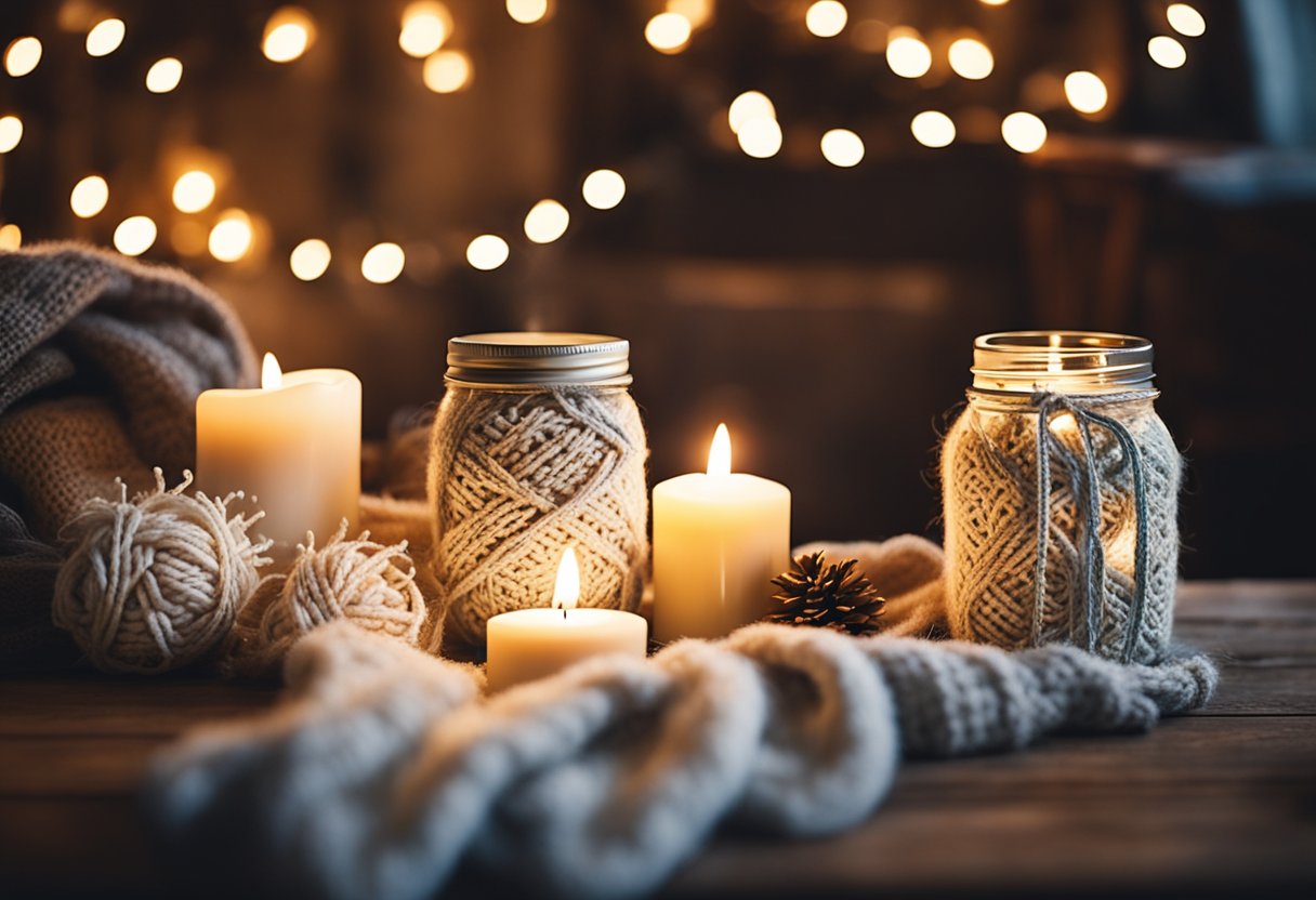 A cozy living room with a handmade knitted blanket draped over a rustic wooden chair, surrounded by DIY snowflake garlands and custom-painted mason jar candle holders