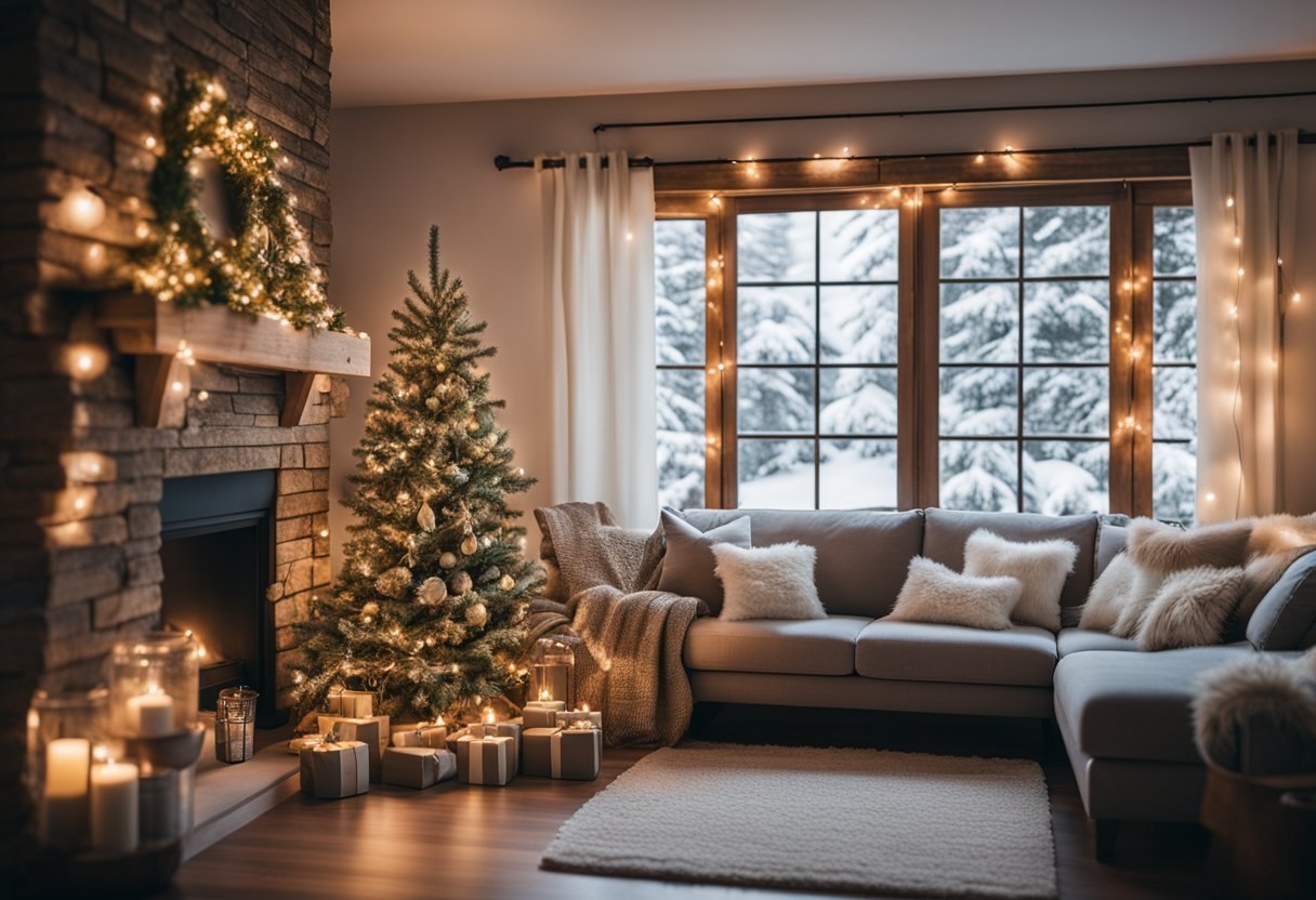 A cozy living room with snow-covered pine garlands, twinkling fairy lights, and rustic wooden accents