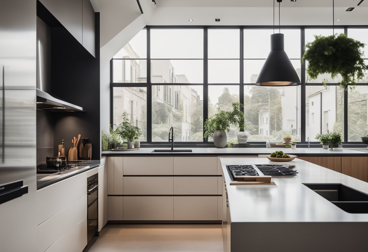 A sleek, clutter-free kitchen with integrated smart appliances, clean lines, and neutral tones. A large window lets in natural light, and the space is accented with minimalistic decor