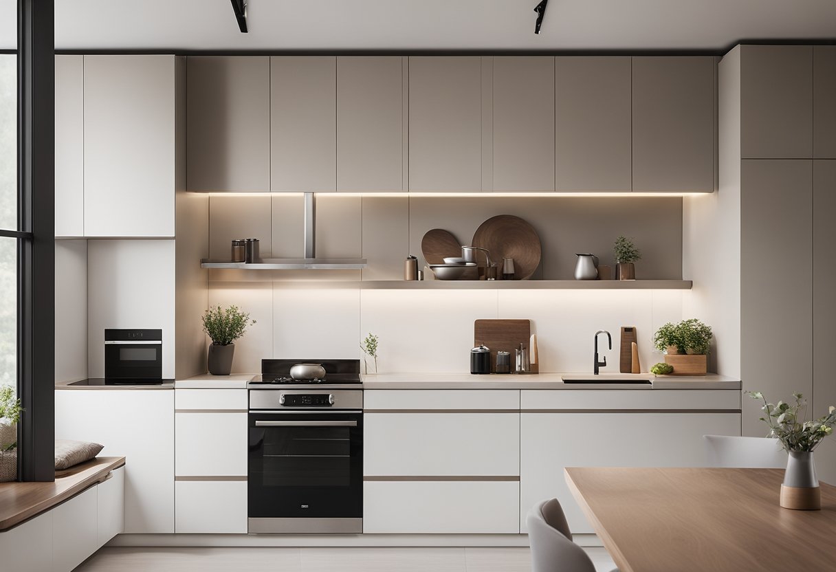 A spacious, sleek kitchen with clean lines, integrated appliances, and ample natural light. Minimalist design with neutral colors and hidden storage