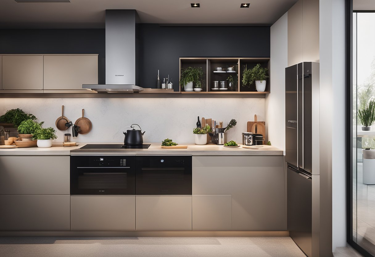 A sleek, open-plan kitchen with integrated appliances, smart storage solutions, and minimalistic design