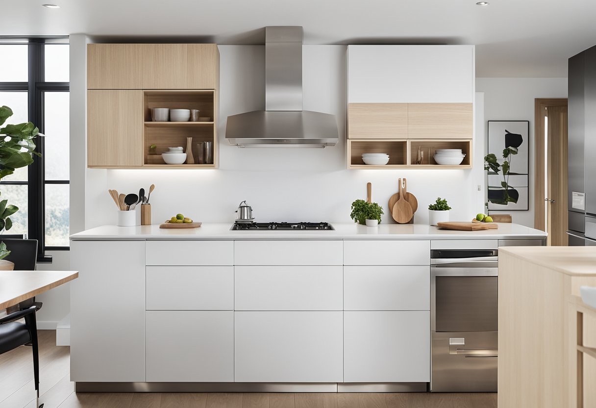 A sleek, all-white kitchen with stainless steel appliances and light wood accents. The color palette is minimalist, with clean lines and a focus on functionality