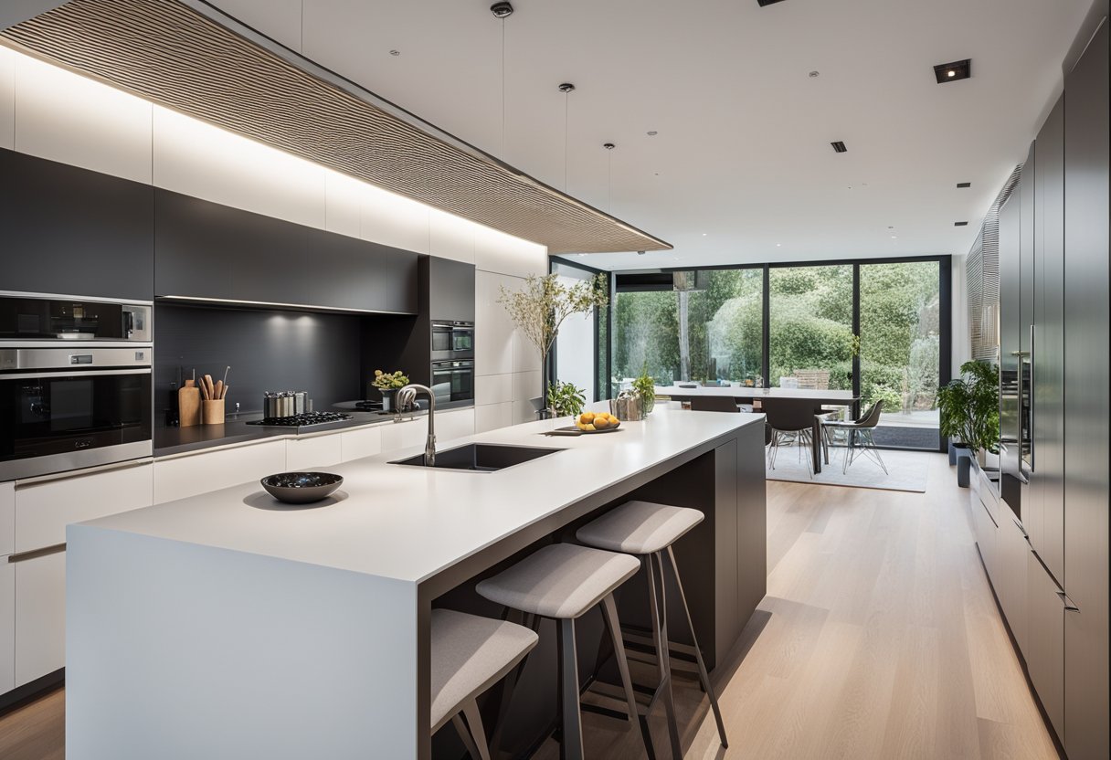 A sleek, clutter-free kitchen with hidden storage, clean lines, and integrated organization systems for 2025